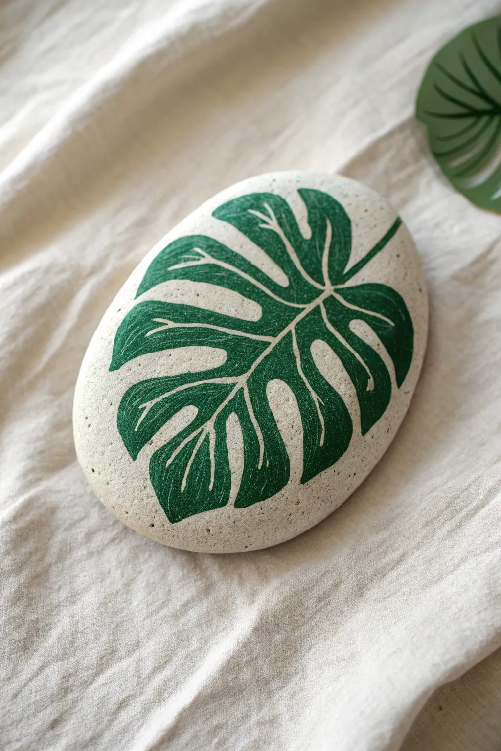 Monstera leaf rock painted in fresh greens, a minimalist boho accent with bold contrast.