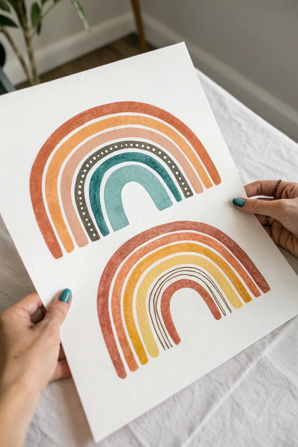 Groovy rainbow arches in warm tones and teal, bold black outlines, minimal and retro-cute