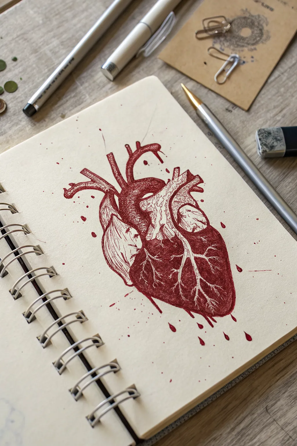 Crimson anatomical heart with drips and safety pins, gritty grunge lines on clean minimal paper