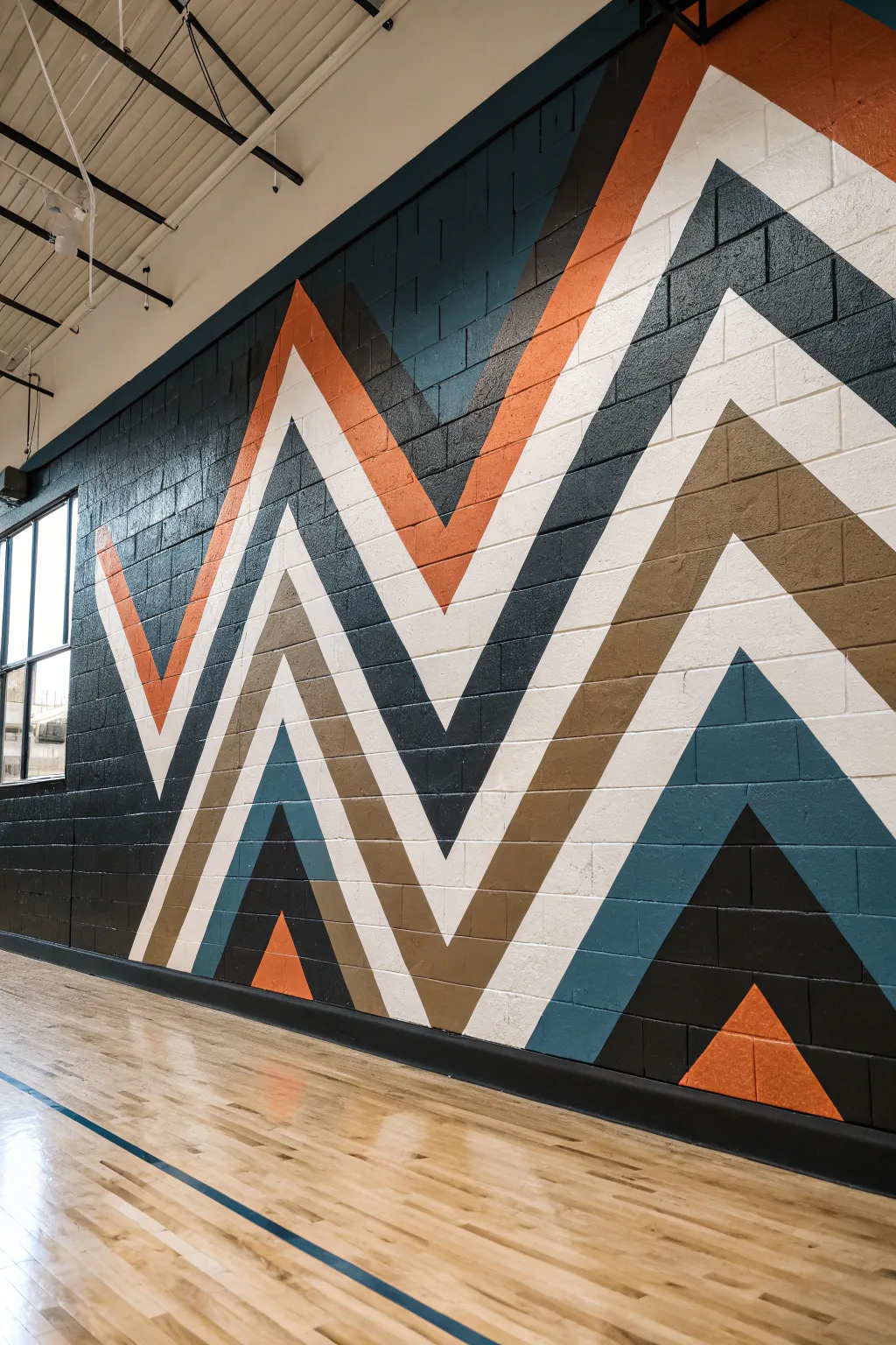 Geometric chevrons and energy lines that add motion, focus, and bold style to a gym wall