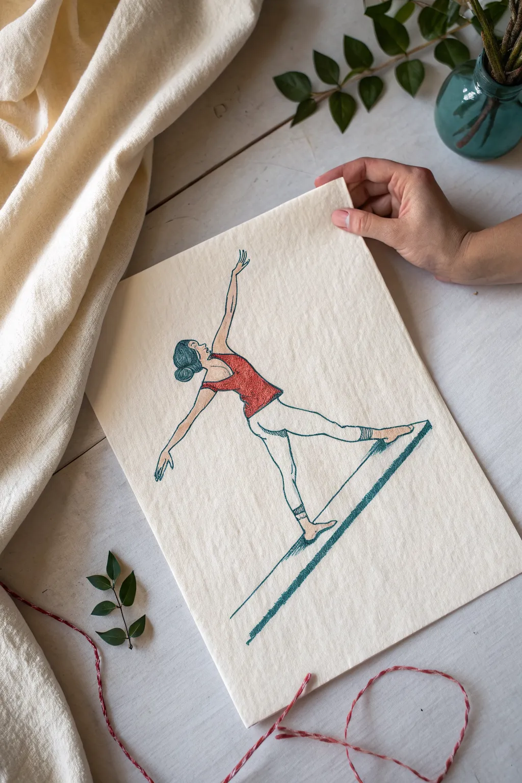 Balance beam arabesque drawing idea in Nordic minimal style with bold teal and terracotta accents
