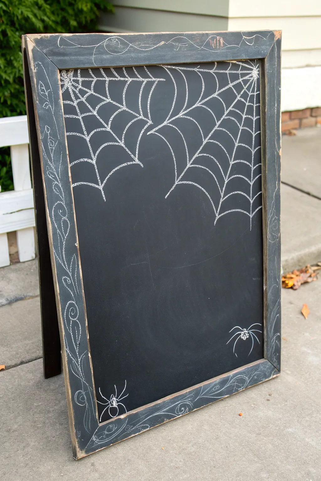 Lacy chalk cobweb corners with a tiny hanging spider for a chic minimalist Halloween look.