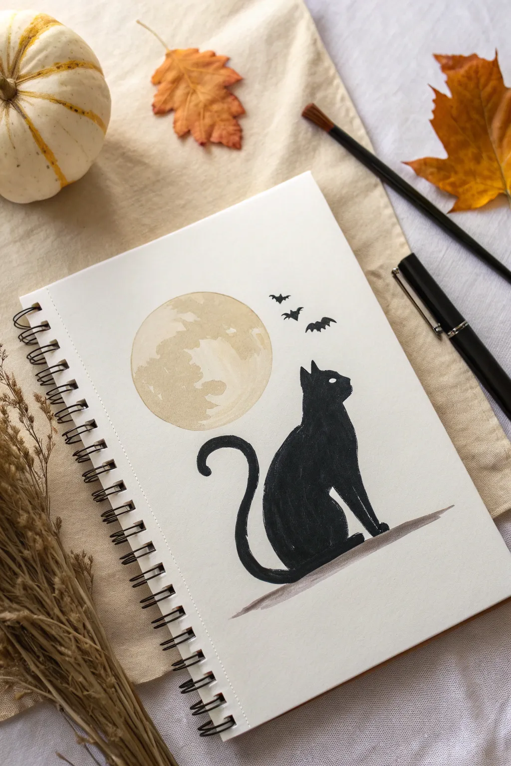 Easy Halloween sketch: a bold black cat silhouette against a pale full moon, minimalist and chic.