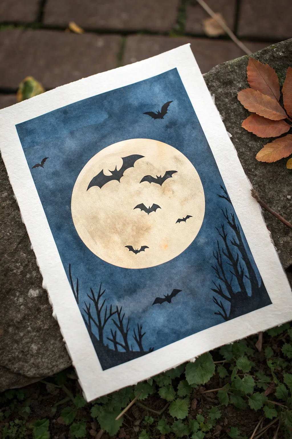 Moonlit bat silhouette drawing idea: bold full moon, crisp black bats, minimalist spooky-chic vibe