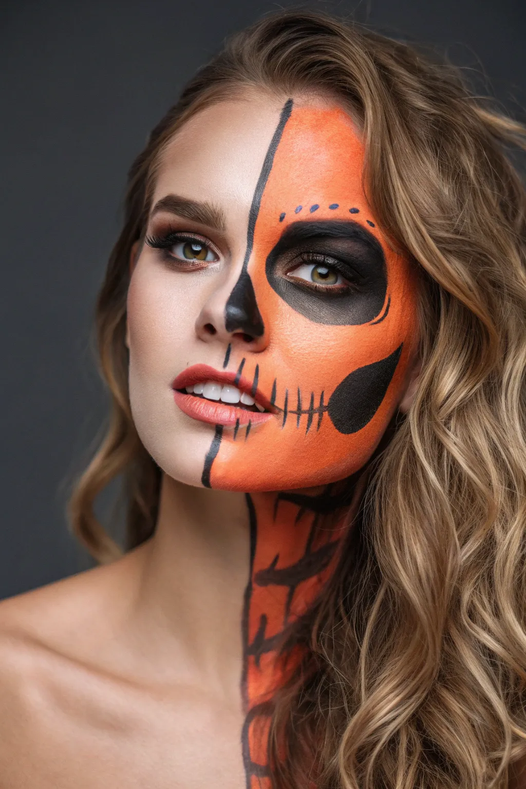 Spooky meets chic with this stunning skeletal Jack-O'-Lantern split-face makeup look.
