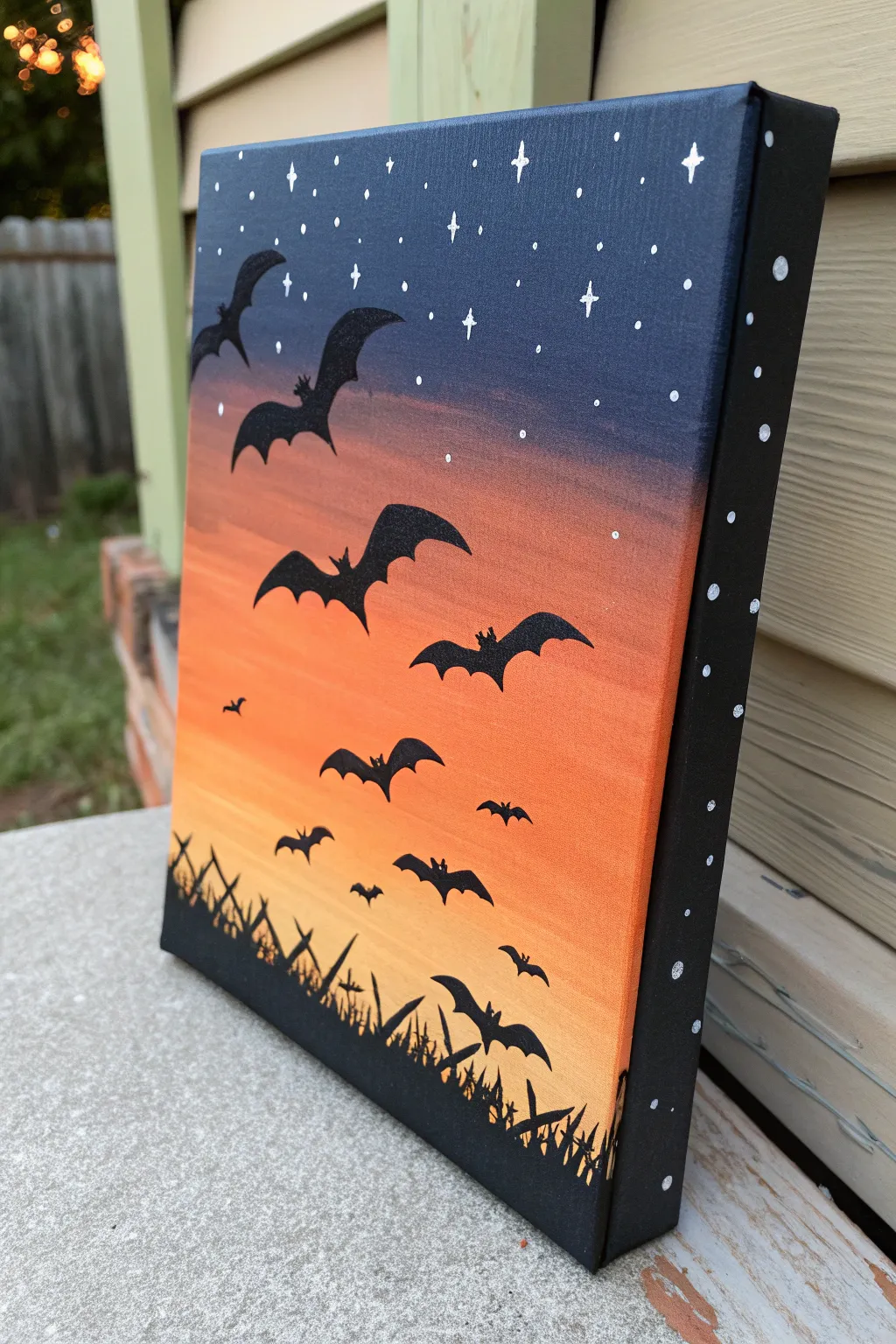 Minimal bat silhouettes sweeping across a glowing twilight gradient for a chic Halloween paint idea