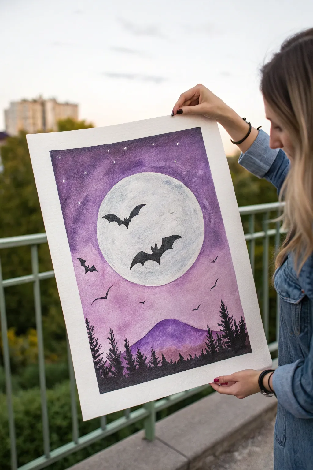 Simple bat silhouettes over a glowing full moon, an easy Halloween painting idea for kids