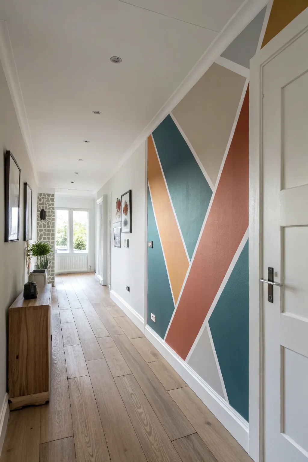 Geometric color blocks that visually stretch a hallway, bold yet minimalist with warm modern tones