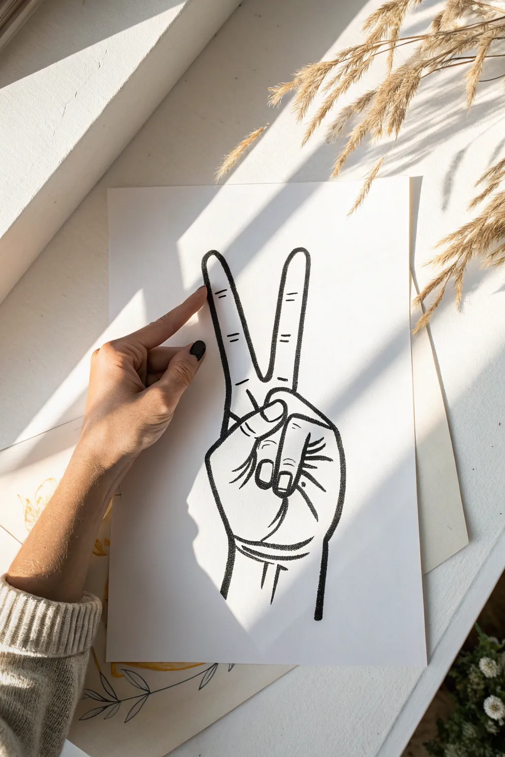 Practice peace sign gesture drawing with clean lines, subtle shading, and bold minimalist contrast.