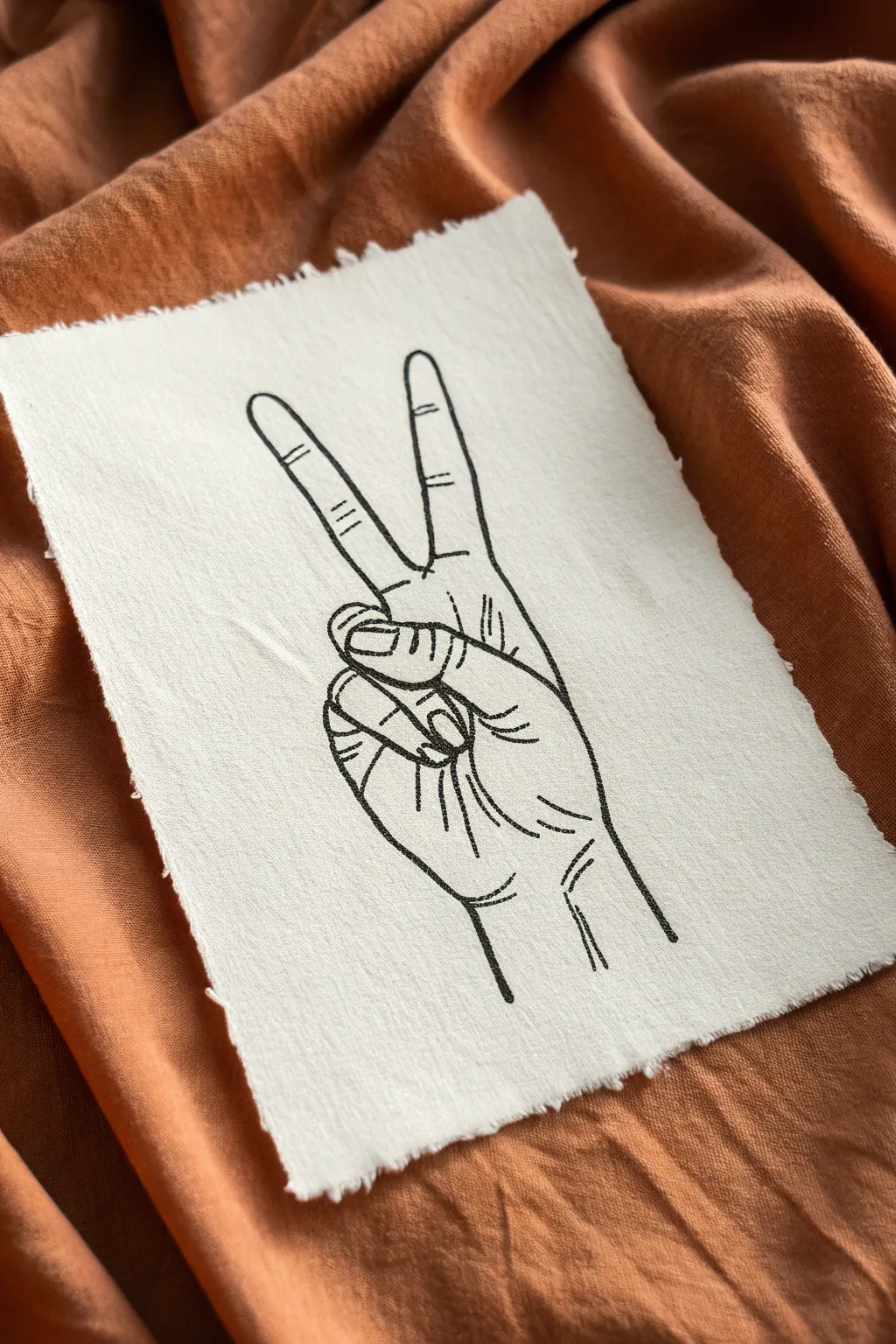 Minimal line art peace sign hand drawing with crisp overlap detail on textured paper.