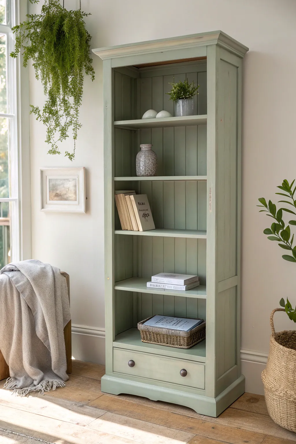 Soft muted hand painted bookcase in calm daylight, linen textures, and a trailing plant