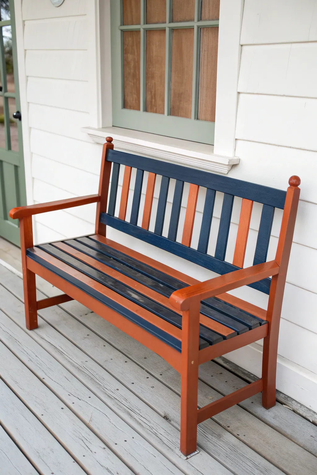 Classic striped porch bench in bold hand-painted color, minimal Scandinavian charm.
