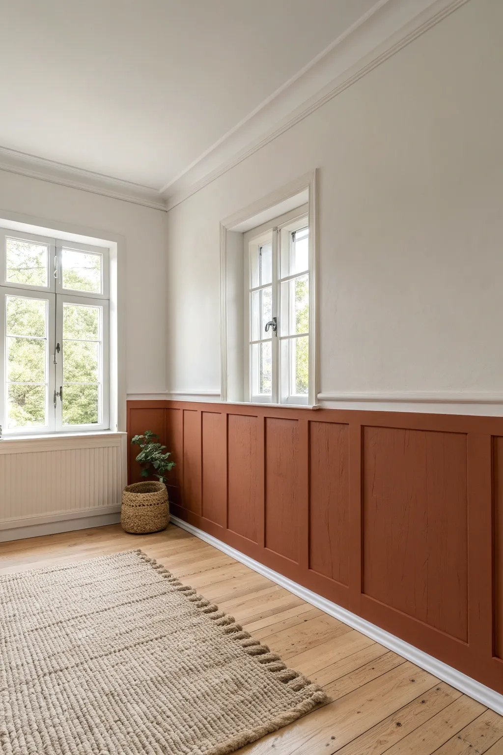 Clean two-tone half wall with bold color blocking, perfect for a modern cozy DIY refresh.