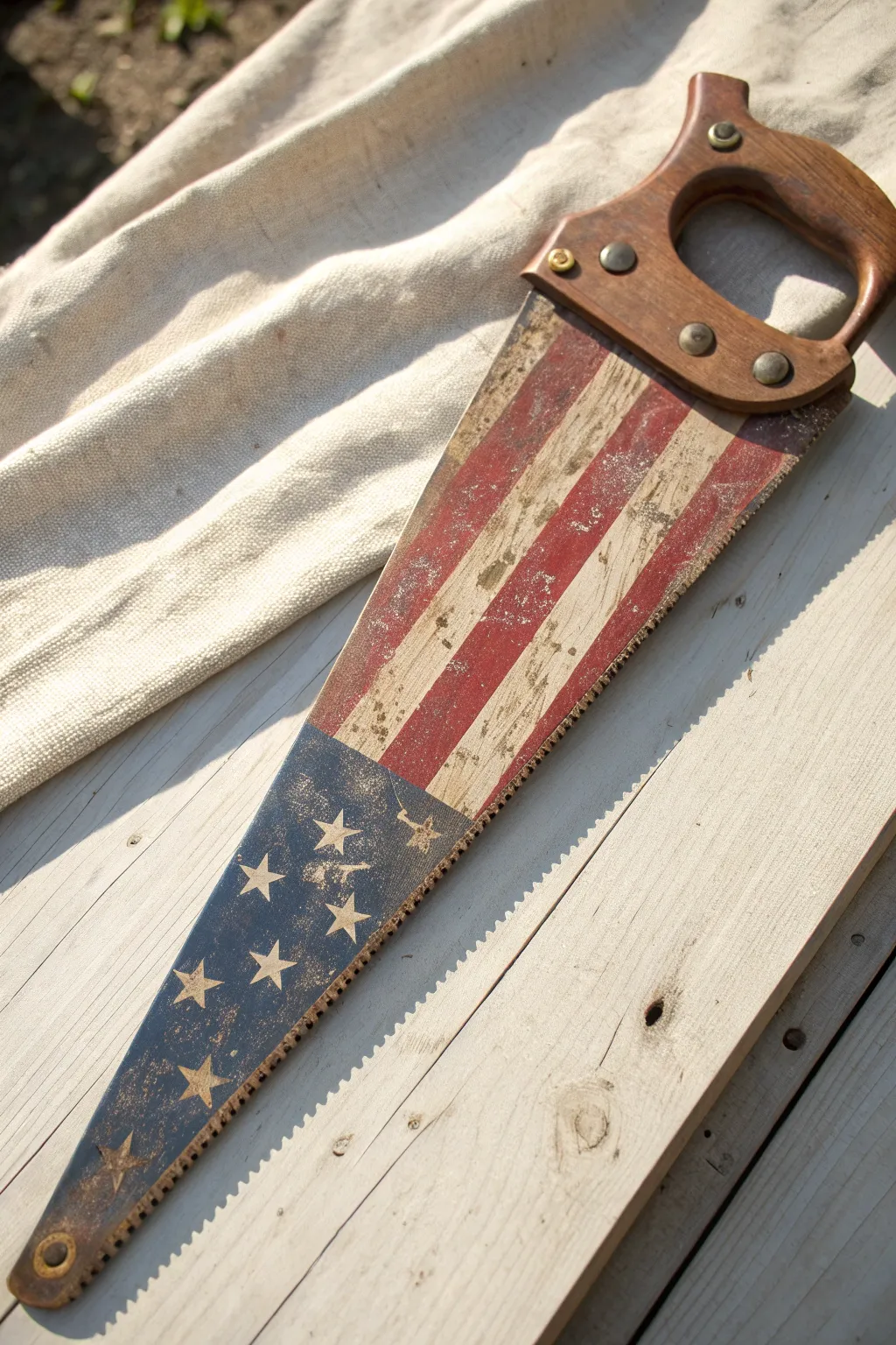 Vintage hand saw with a distressed flag paint finish, minimalist boho styling and bold contrast