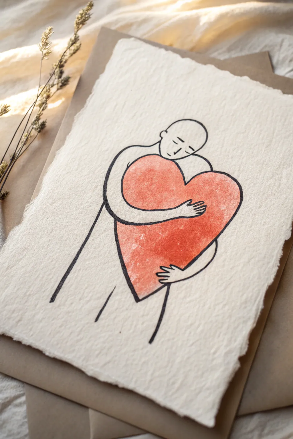 Simple self-hug line art with a bold heart, Scandinavian minimalism and soft boho warmth