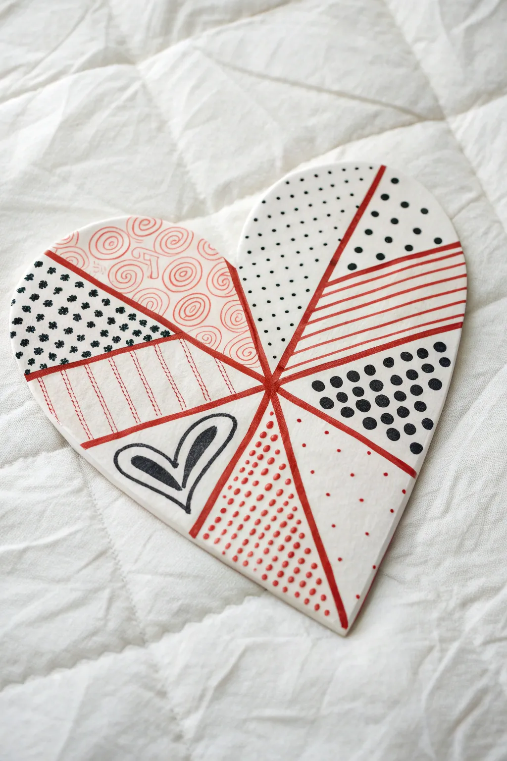 Graphic patterned heart in black ink with a bold coral accent for minimalist boho charm