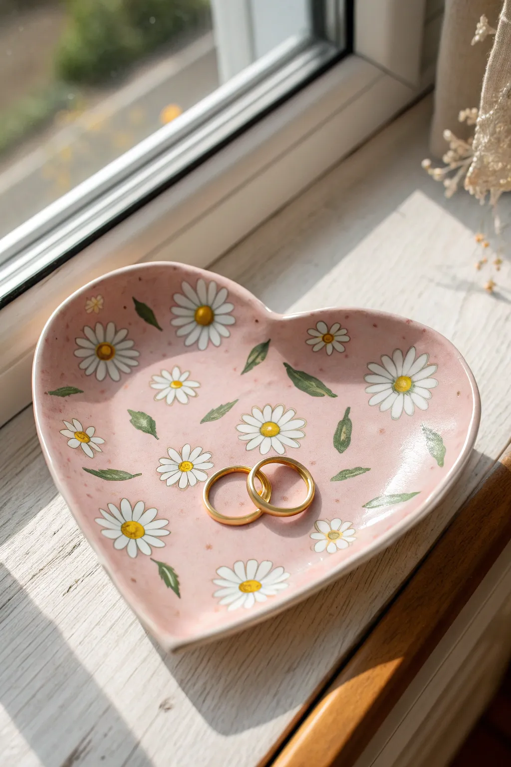 Dainty daisy scatter heart dish with a cozy blush glaze, a sweet spot to keep your rings.
