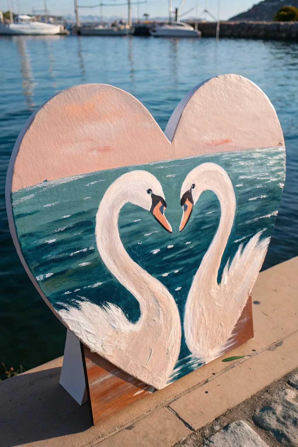 Two swans forming a heart on a heart-shaped canvas, bold teal water and soft blush glow.