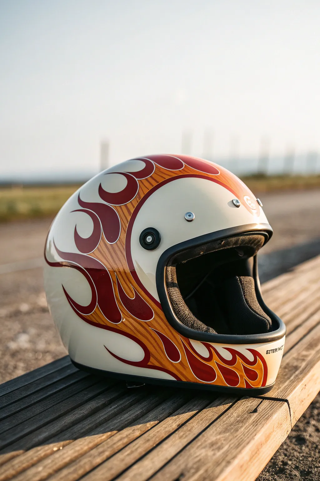 Flame design that starts at the chin bar and sweeps back with bold, sculpted contrast