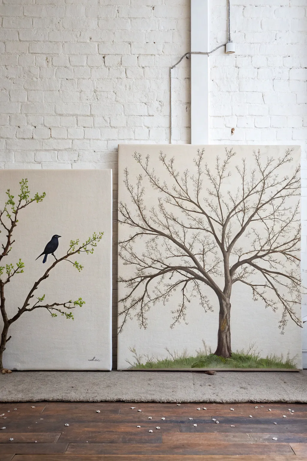 Lovebirds diptych painting idea: one shared branch across two canvases for a matching set