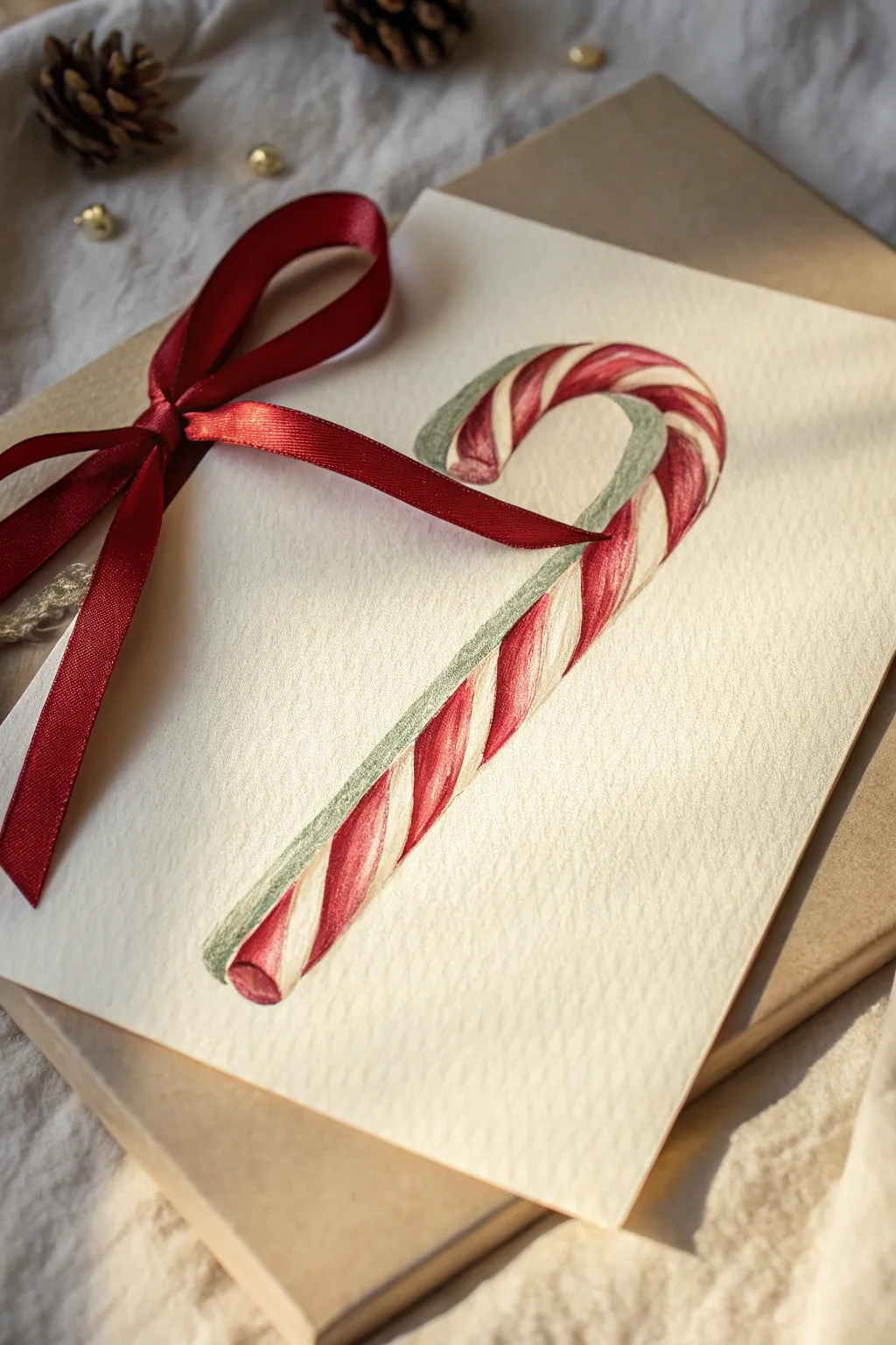 Minimal candy cane drawing idea: curved stripes, ribbon bow, bold red on warm paper.