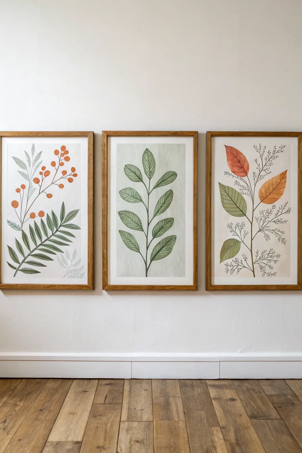 Soft modern botanicals: simple leafy brushstrokes in oak frames for calm, fresh walls