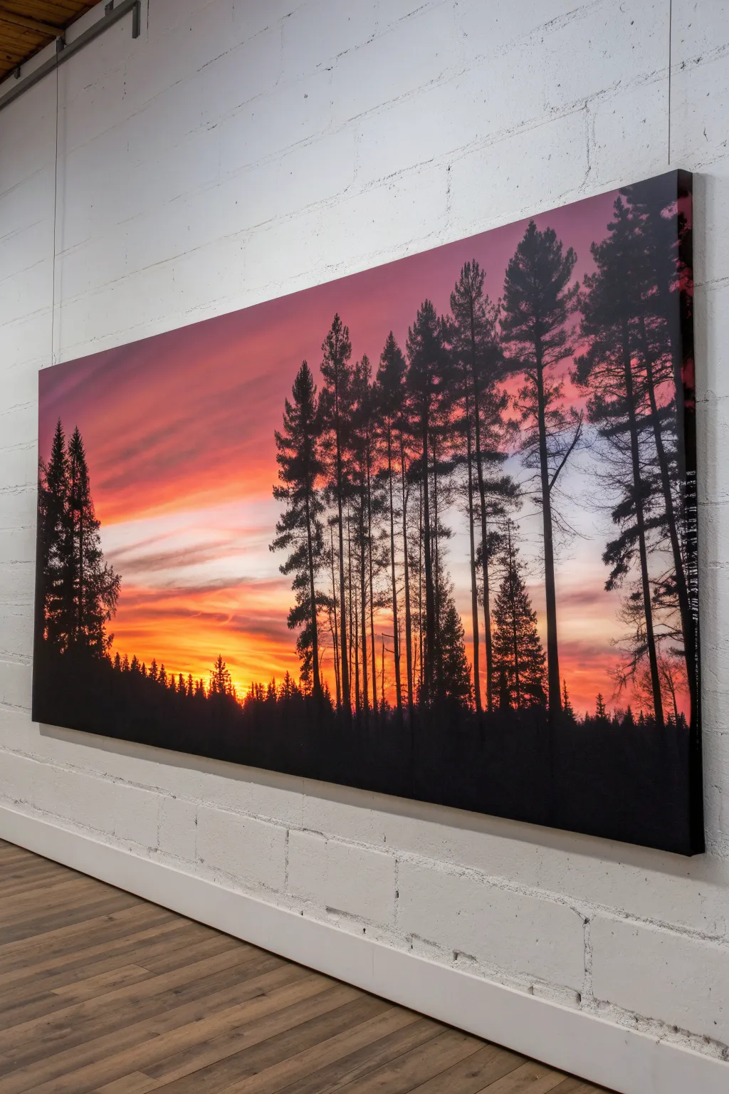 Forest tree line at dusk: a simple horizontal canvas idea with bold sky and striking silhouettes
