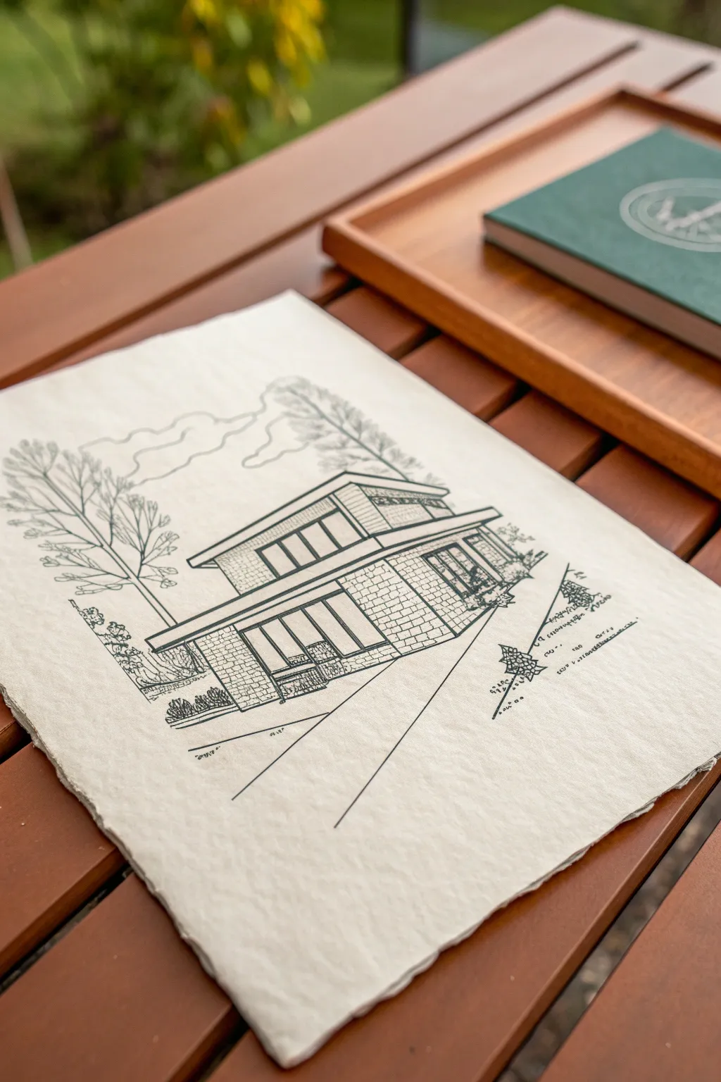 Modern geometric house sketch with big windows, crisp lines, and bold terracotta accents