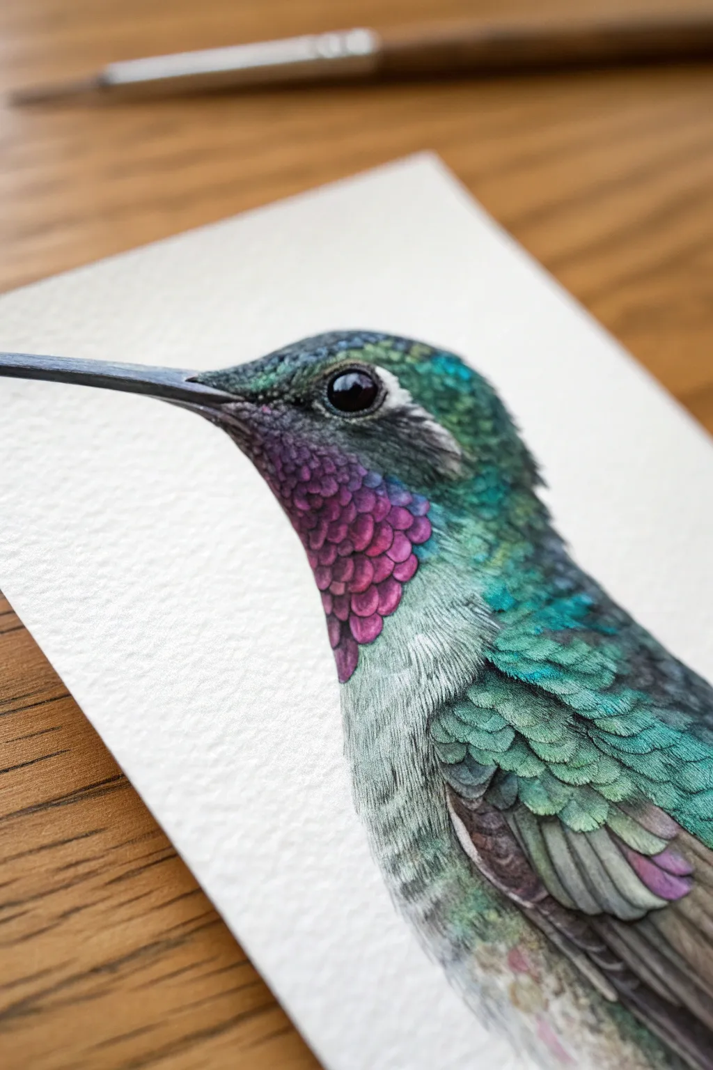 Close-up hummingbird head and beak study with bold gradients and tiny details, minimalist style.