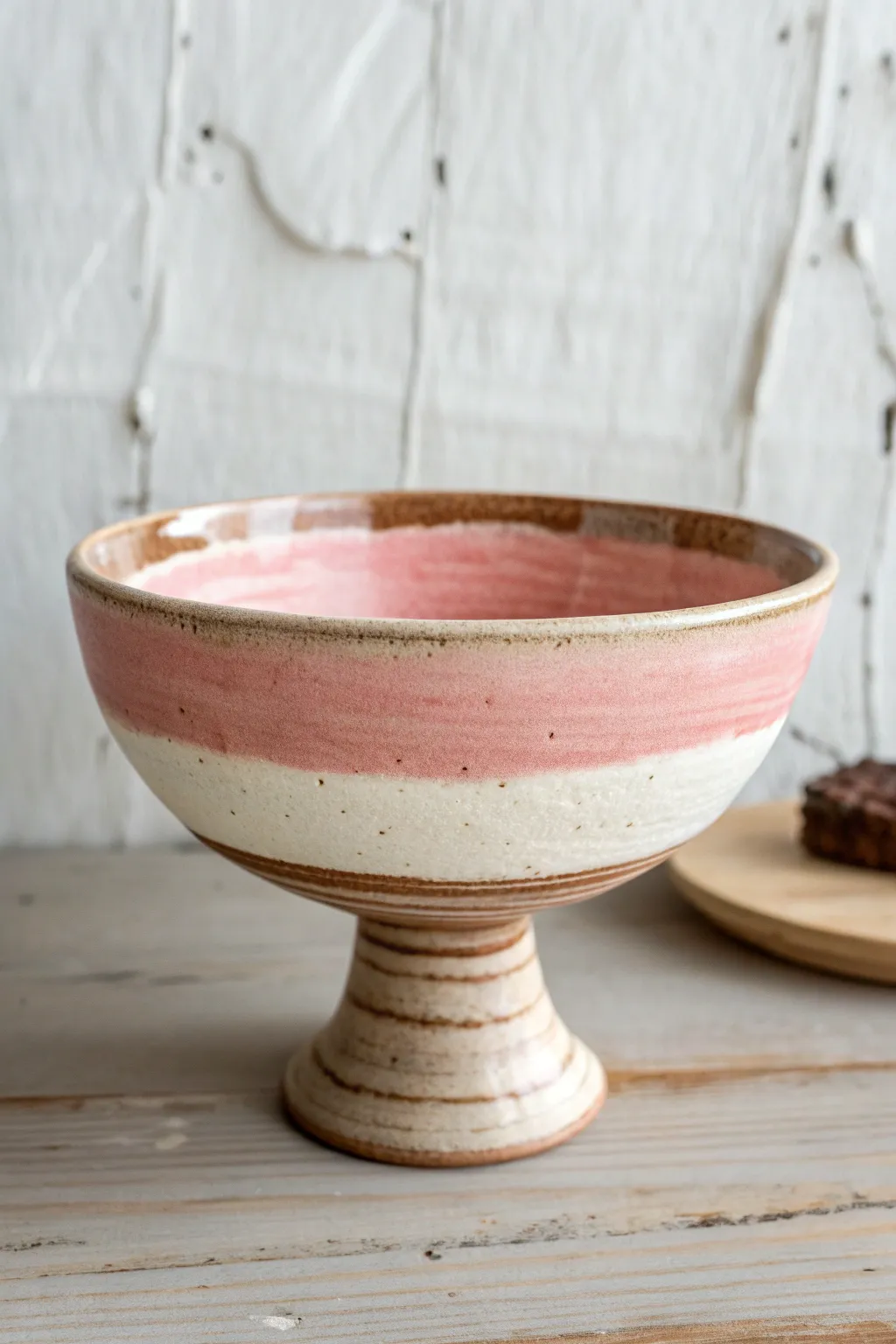 Neapolitan stripe bands on a footed ice cream bowl: pink, cream, and cocoa with modern contrast.