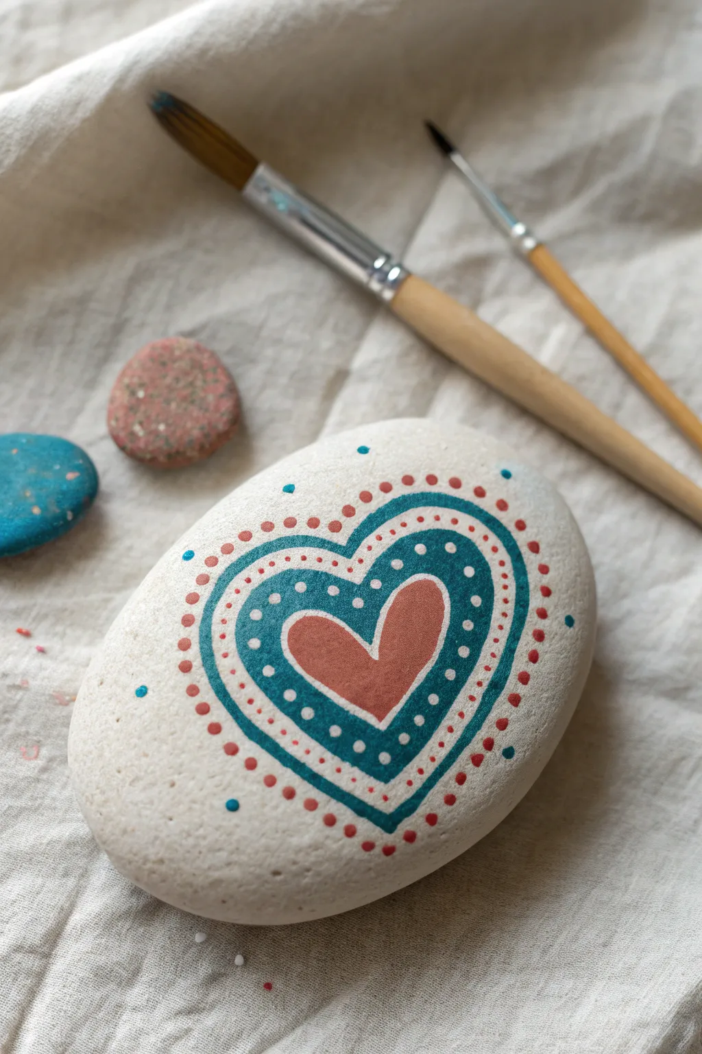 Simple dot-painted heart on a smooth rock, with tool and paint for an easy DIY vibe