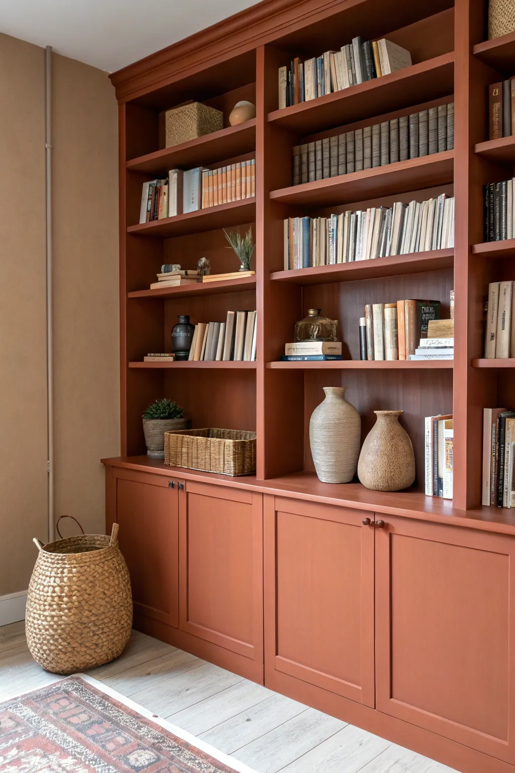 Match shelf paint to the wall for a seamless calm backdrop, then let books and decor stand out.