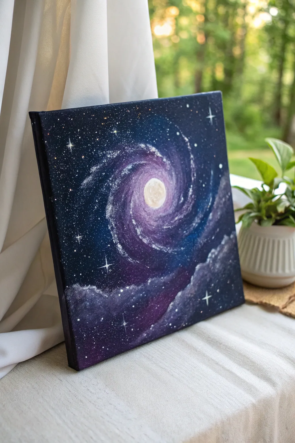 Night sky galaxy canvas idea with glowing center and splatter stars, bold yet minimalist