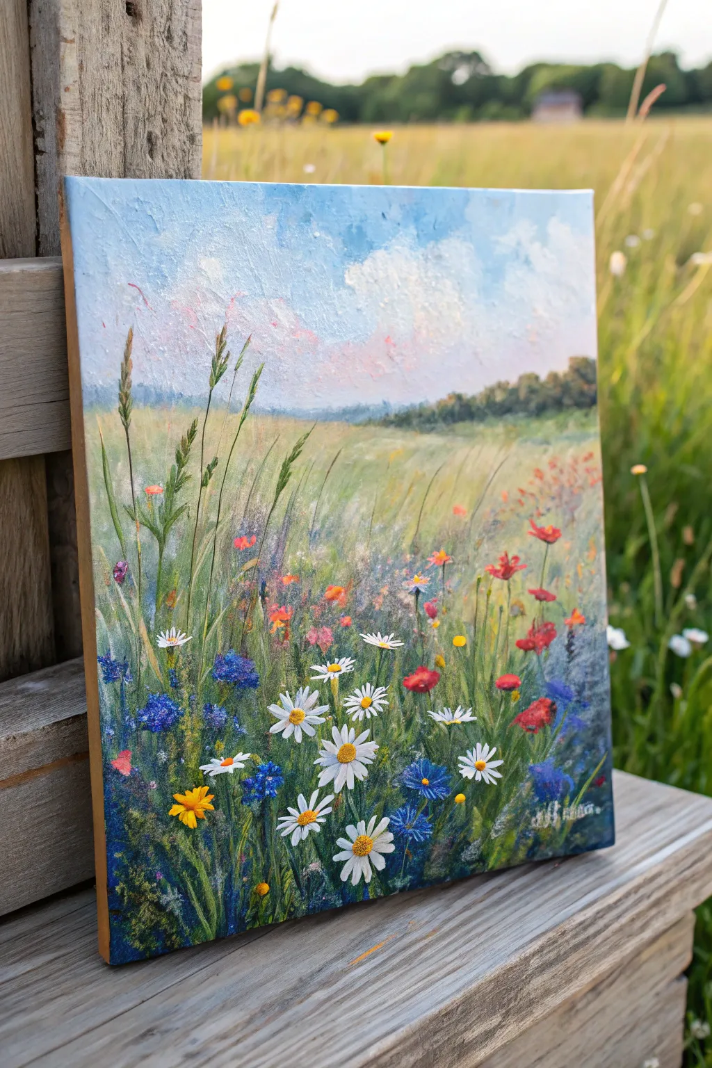 Sunlit impasto meadow on canvas, thick dabs and dashes blooming in bold, textured color