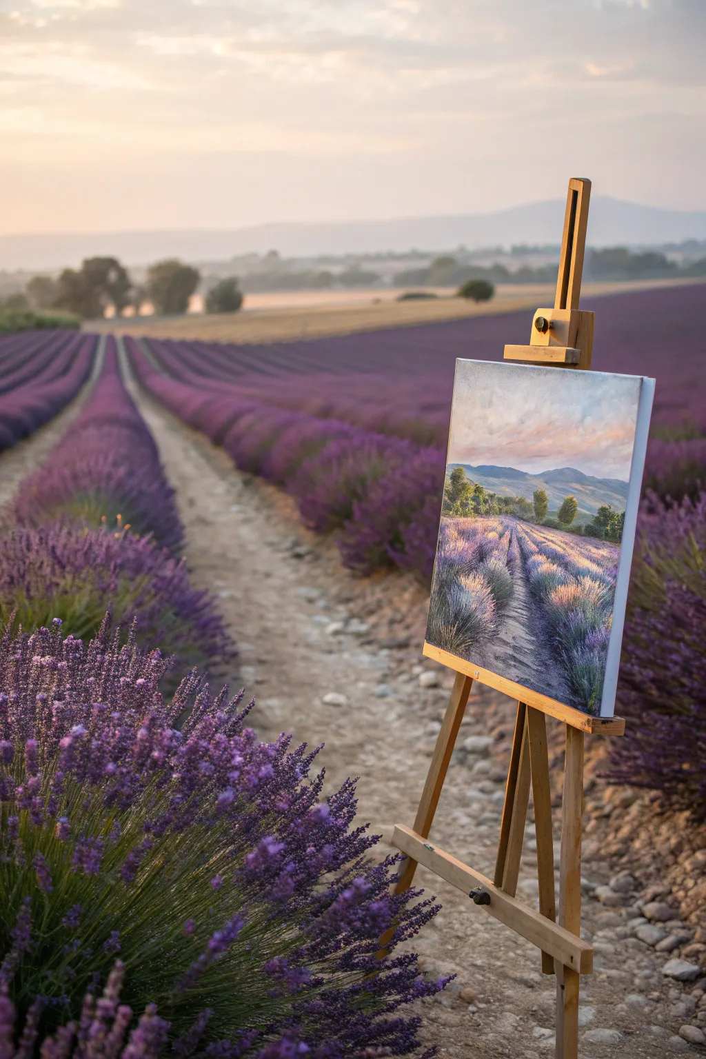 Impressionist lavender path in soft evening glow, vibrant purples with warm golden contrast