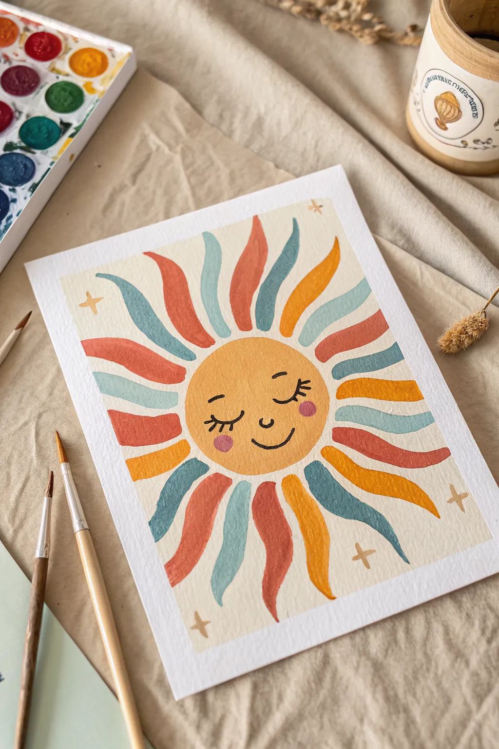 Paint a groovy sun face with wavy rainbow rays, an easy indie retro-boho painting idea