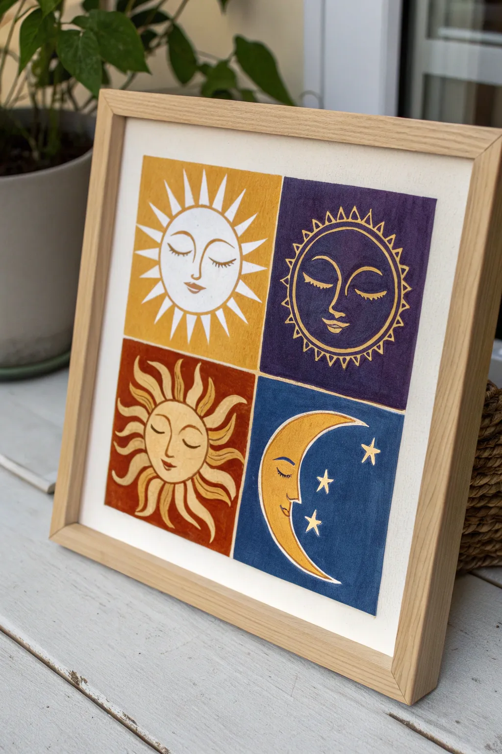 Bold sun and moon faces in color blocks, a minimalist indie painting idea with boho warmth