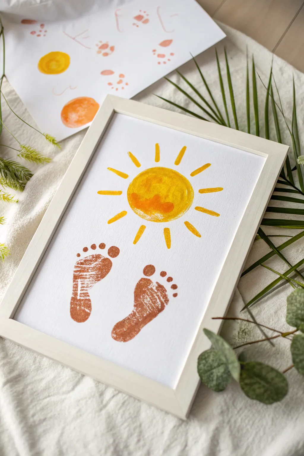Sunburst baby footprints turned into sun rays, a modern minimalist nursery keepsake.