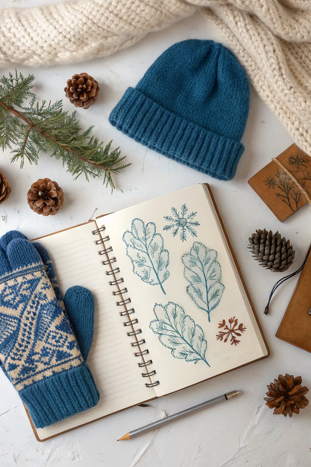 January drawing idea: a crisp winter accessories flat lay illustration with bold cozy color contrast
