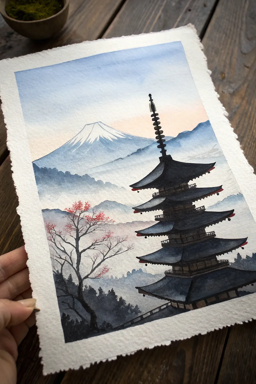 Pagoda silhouette over misty hills, a calm Japanese painting idea with bold contrast and craft detail