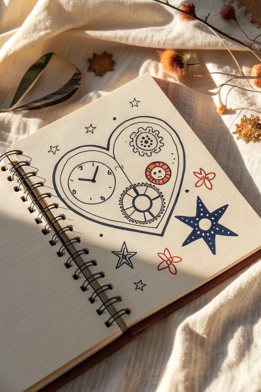 Easy heart-and-clock doodle: bold time vs emotion sketch in minimalist Scandi boho style