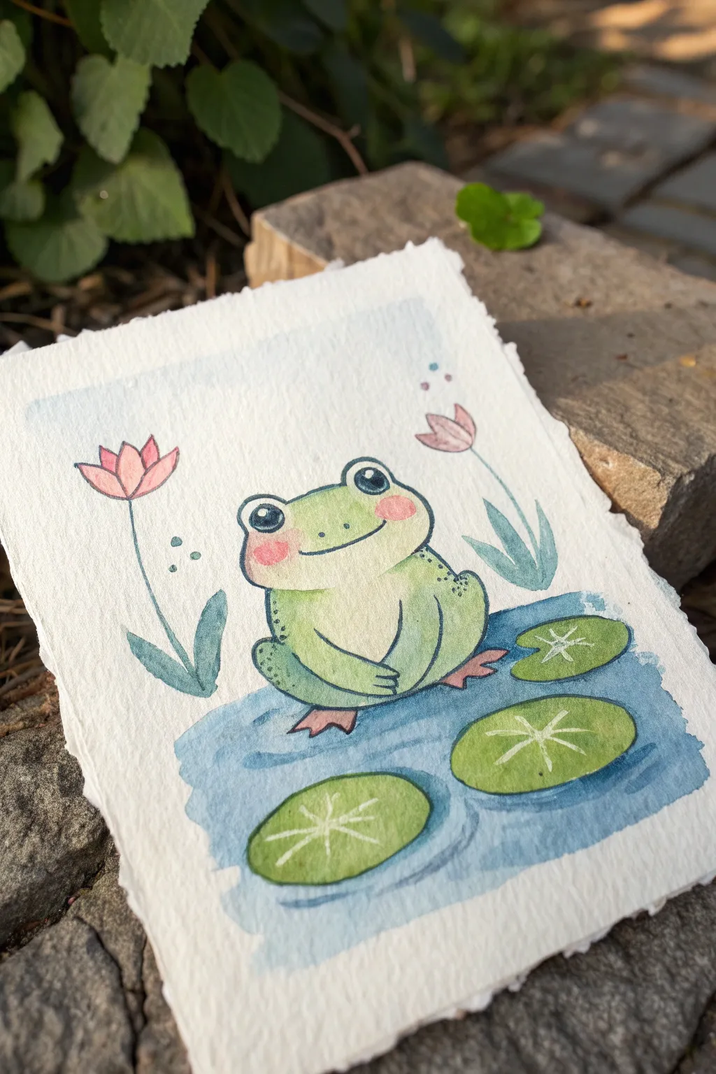 Kawaii frog soaking in a lily pad bath, minimalist palette with bold blue and blush cheeks.