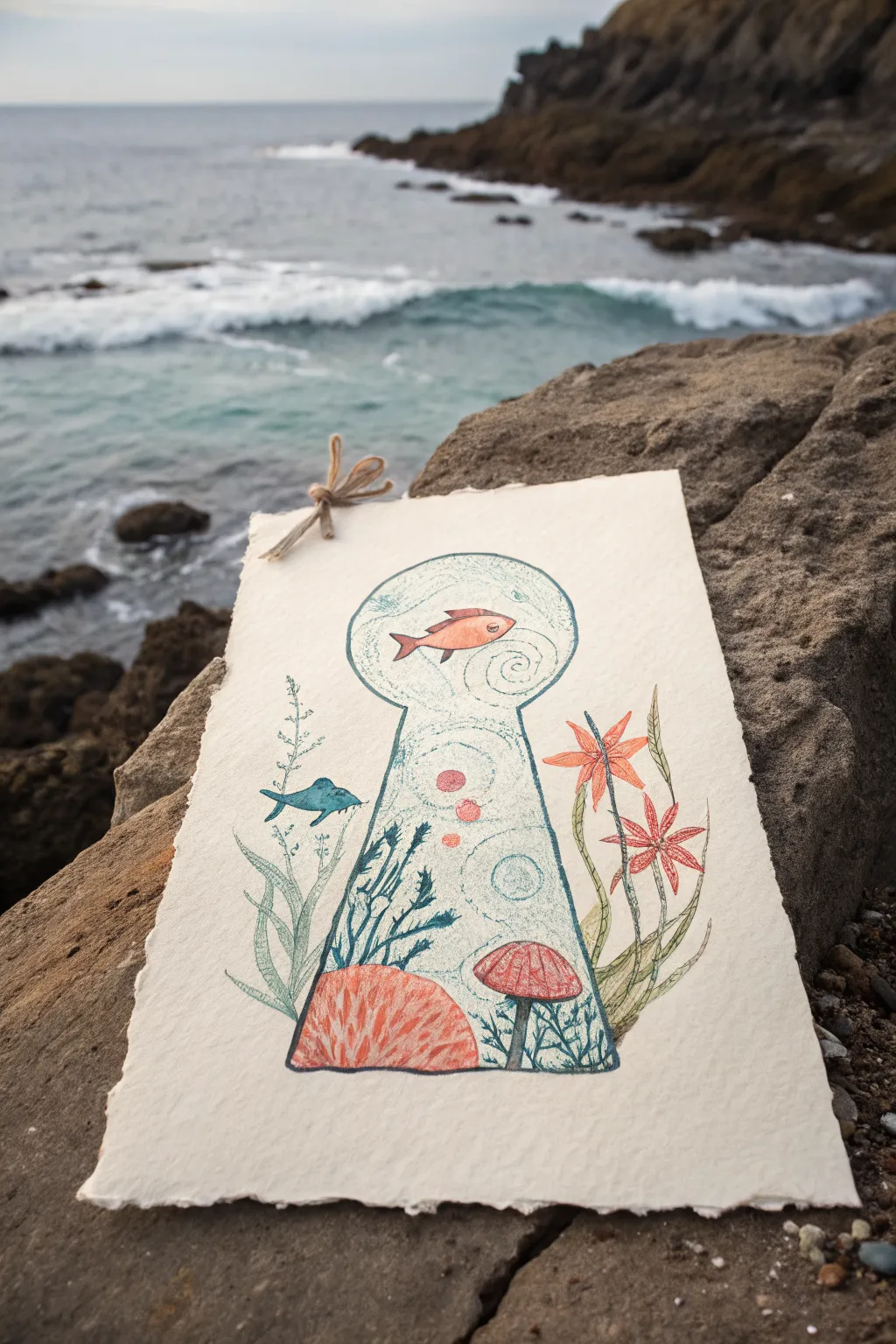 A keyhole opens to a vibrant underwater reef, bold color pop against calm minimal pencil tones