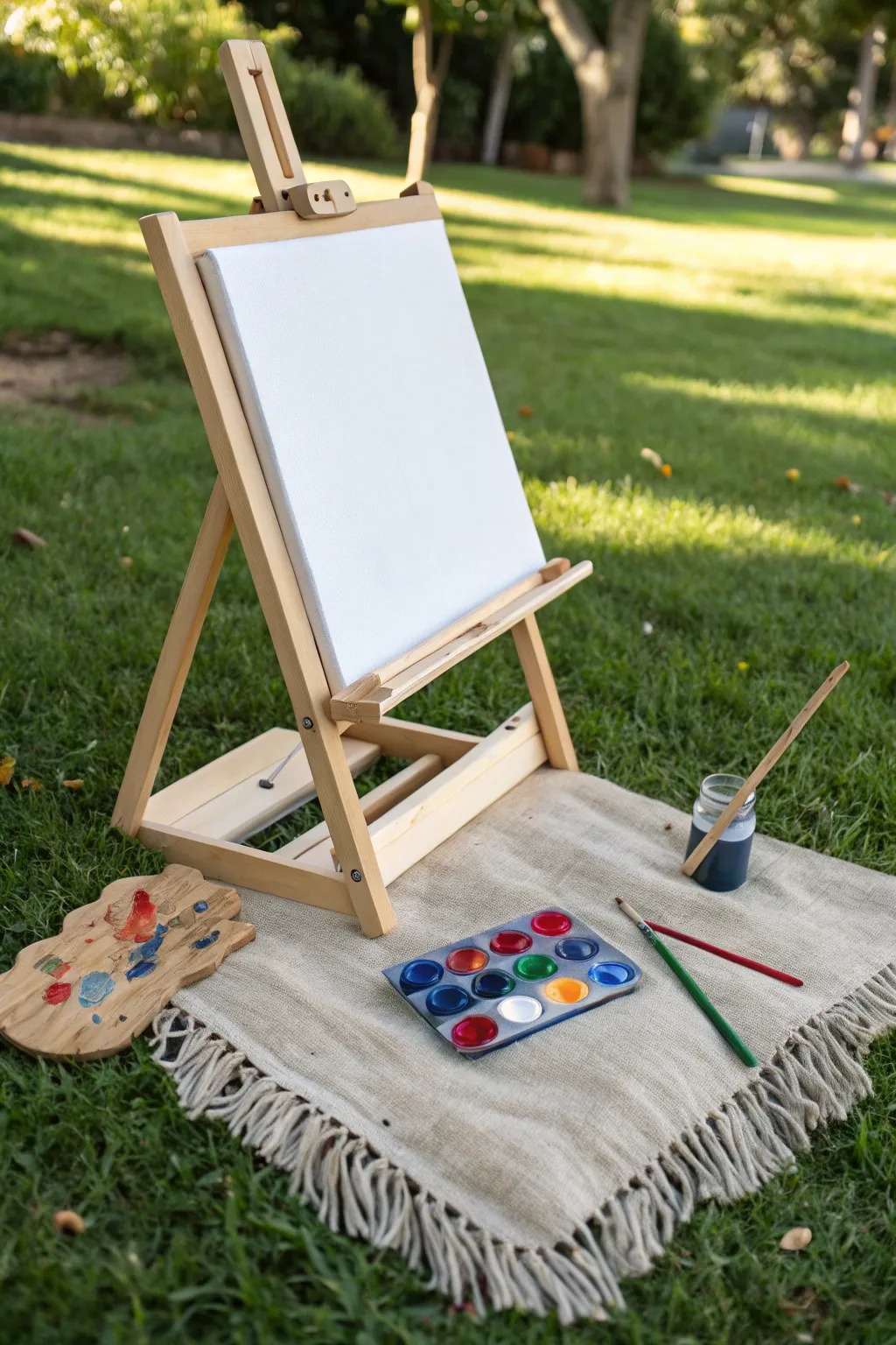 Sunlit outdoor easel setup with bold paint pops for a breezy, minimalist kids paint party.