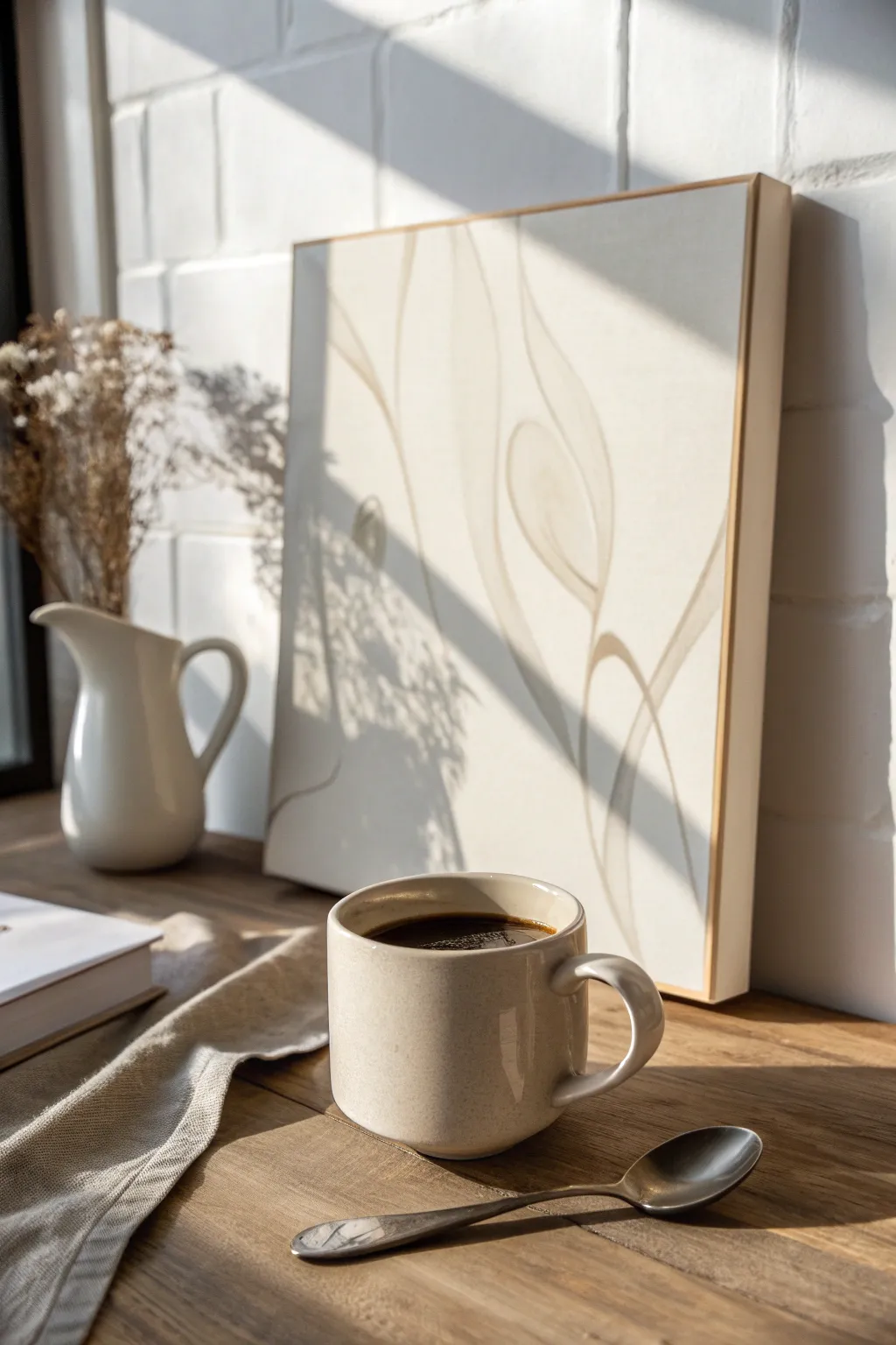 Coffee mug still life canvas with warm steam and minimalist boho tones for a cozy kitchen corner