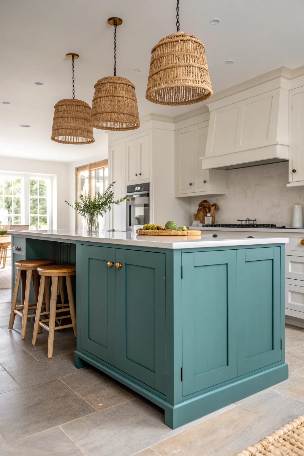 Bold teal island against creamy cabinets for a chic Scandinavian-boho kitchen focal point.