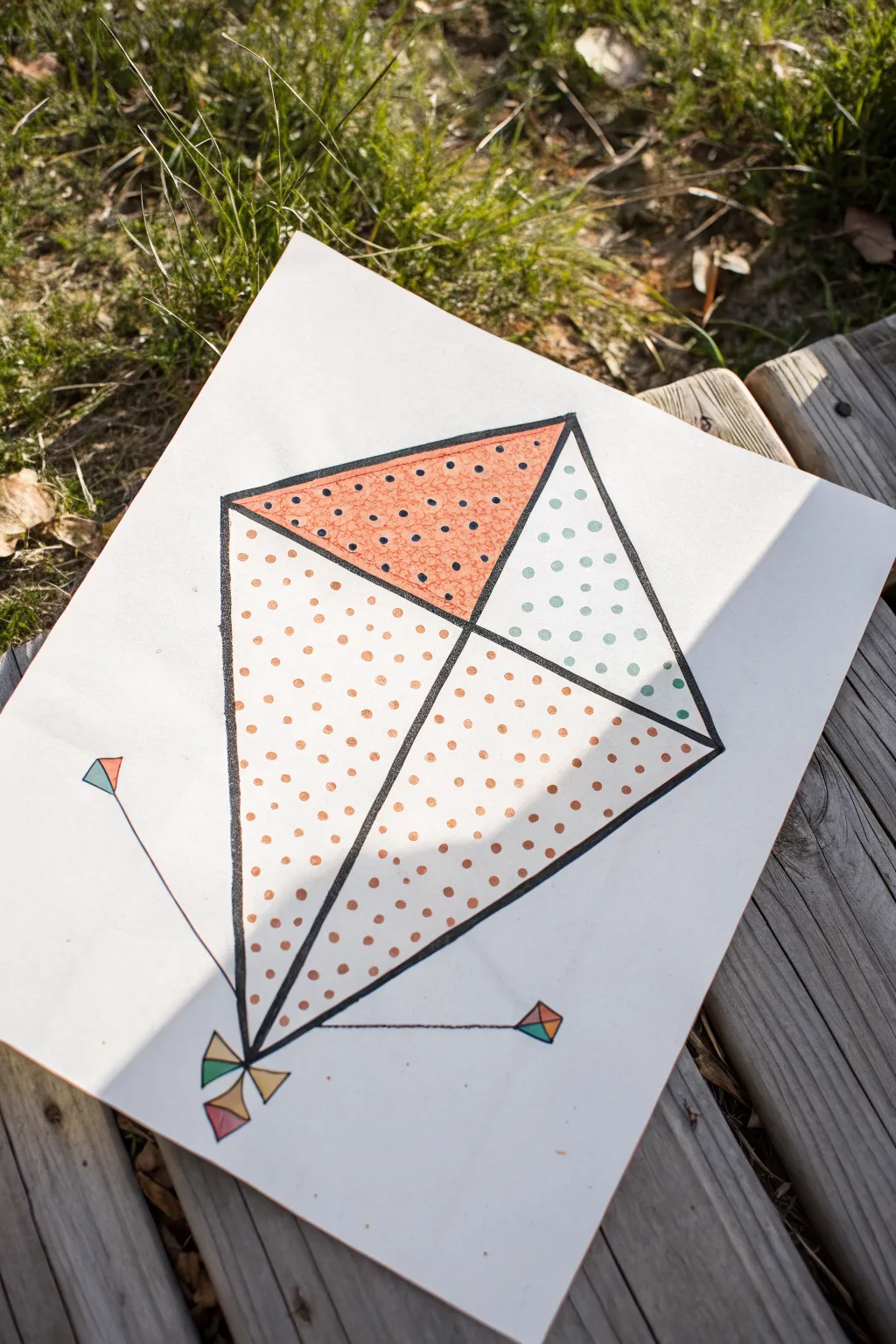 Simple polka dot kite drawing: bold colors, clean lines, minimalist Scandinavian charm.