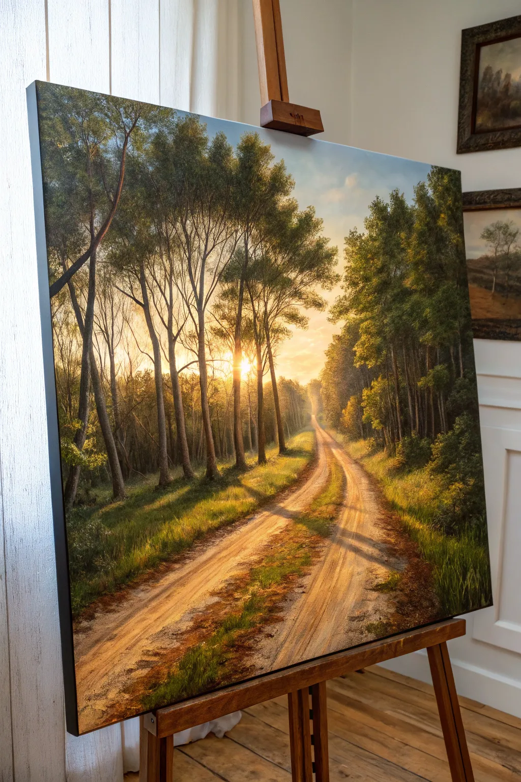 Forest path oil painting with glowing horizon, moody pines, and sunlit earth tones.