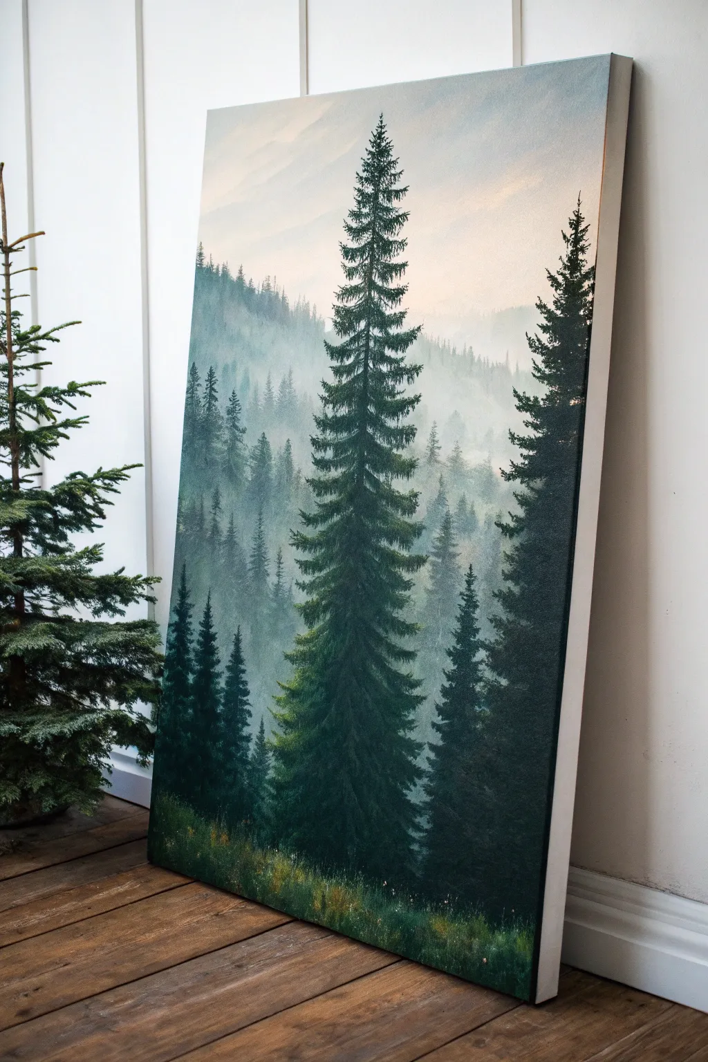 Pine forest depth layers with crisp dark pines in front and misty fades behind for cozy mystery