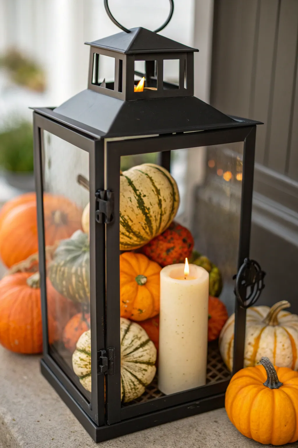 Cozy fall lantern filled with mini pumpkins and gourds, glowing softly for instant warmth.